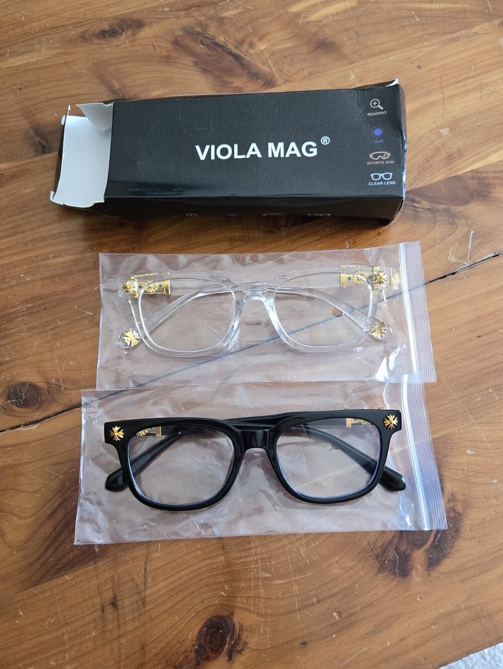 NIB set of 2 VIOLA MAG clear glasses style fashion black gold frames